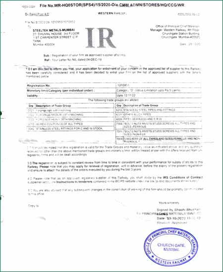 Western Railway Certificate